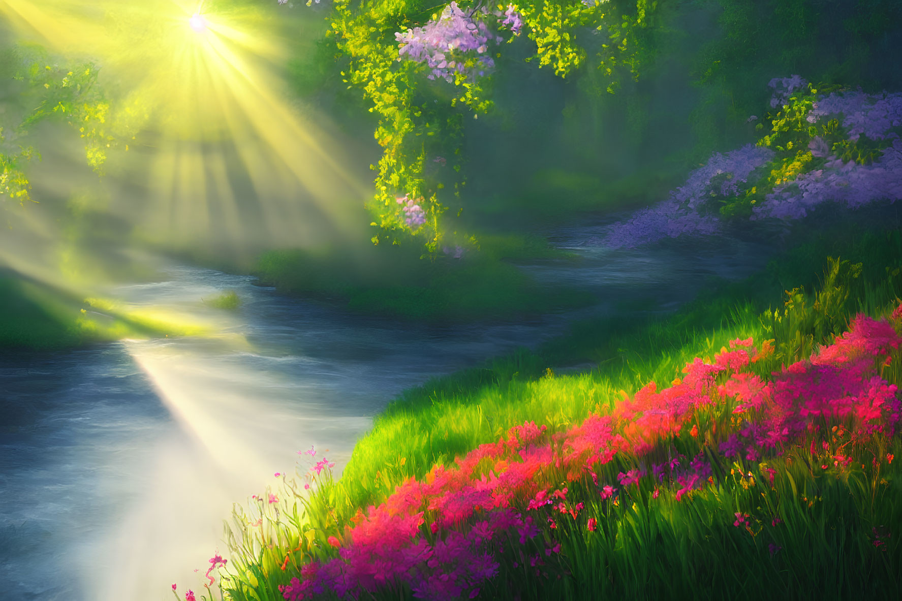 Tranquil landscape with pink wildflowers by a serene river