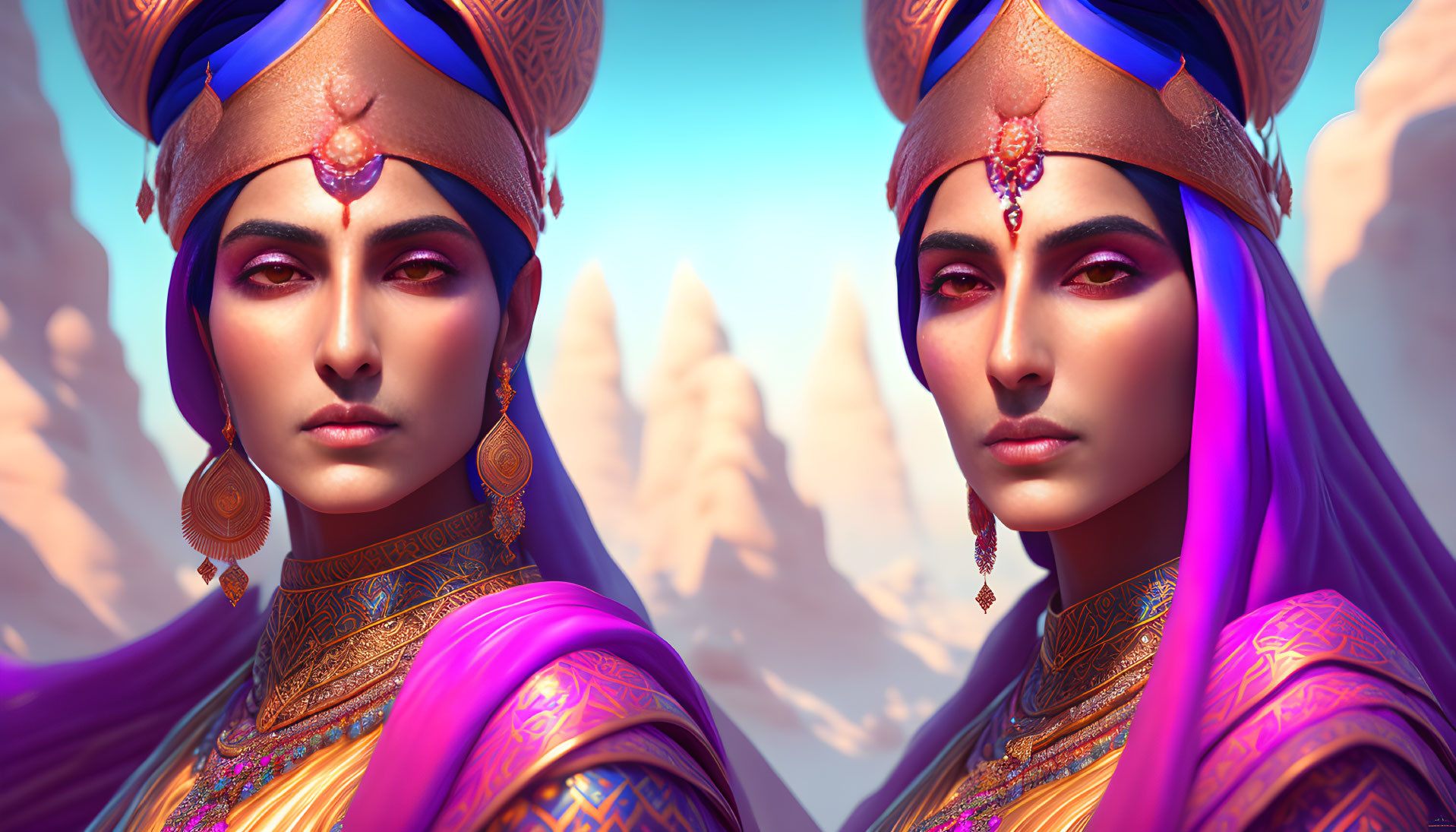 Stylized female characters with blue and gold headdresses in purple attire against pink mountains