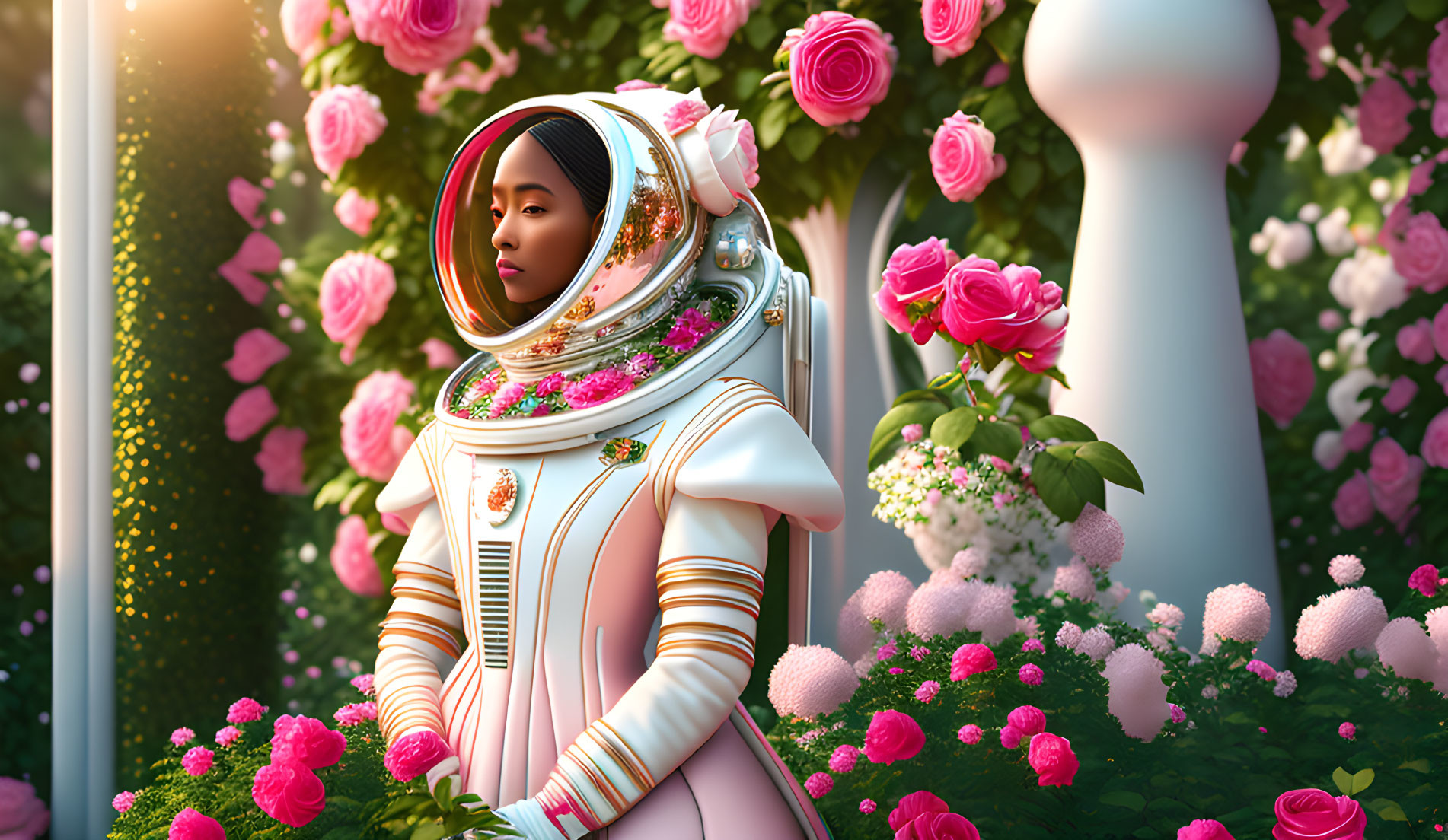 Woman in ornate astronaut suit surrounded by flowers in a rose garden