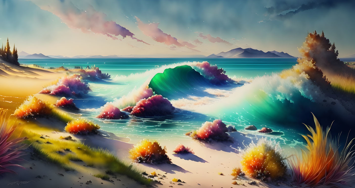 Colorful surreal beach scene with pink waves and pastel sky