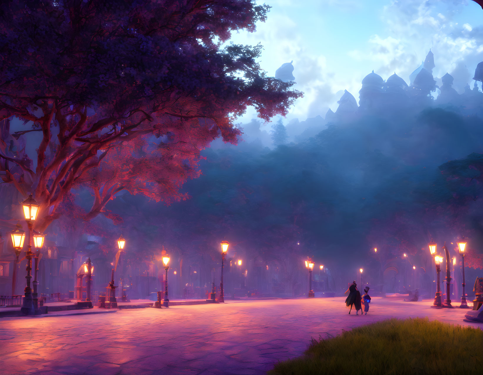 Enchanting twilight forest with glowing street lamps and distant castles