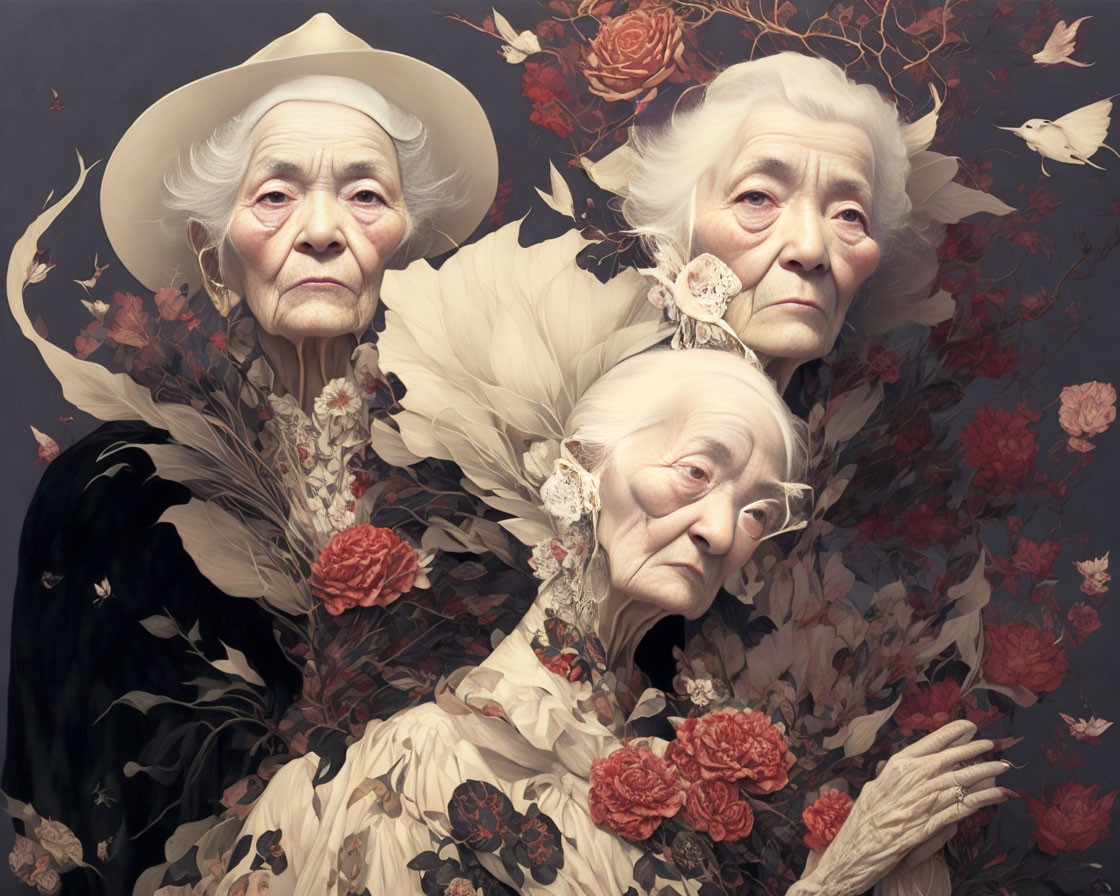 Vintage floral attire elderly women against autumnal backdrop