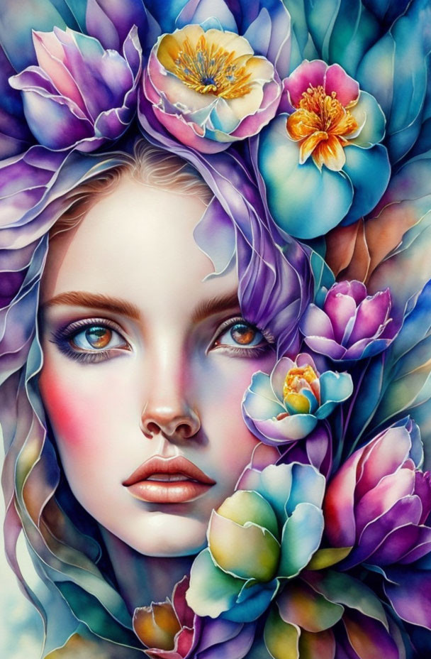 Colorful portrait of a woman merged with lush flowers.