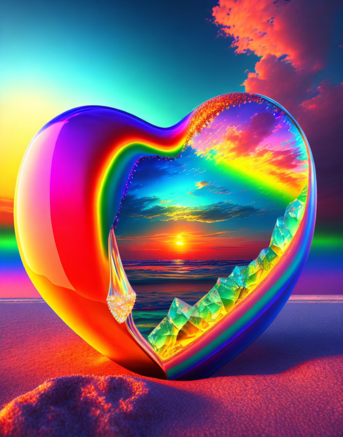 Heart-shaped frame with surreal beach sunset and crystalline steps