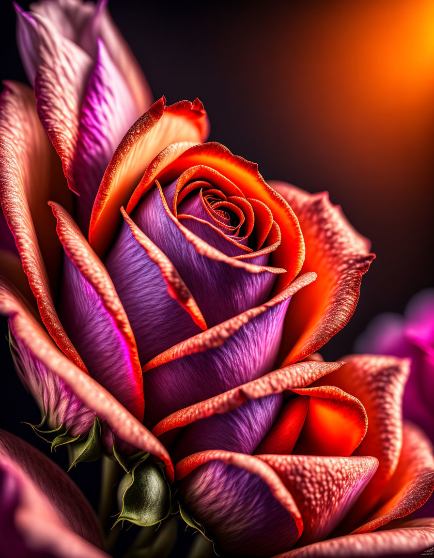 Vibrant orange and pink rose close-up on dark background