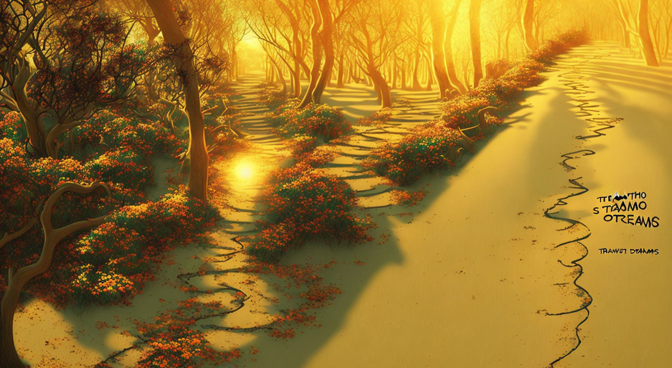 Golden-Hued Animated Forest with Sunlit Path and Blooming Trees