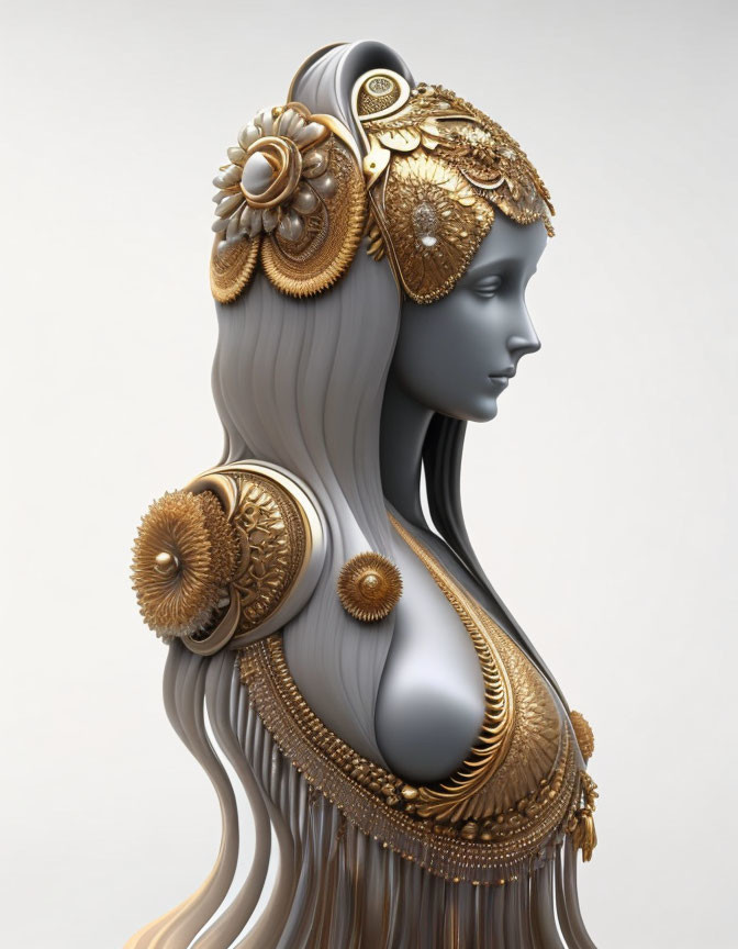 Stylized female figure with golden headpiece and intricate patterns on neutral background