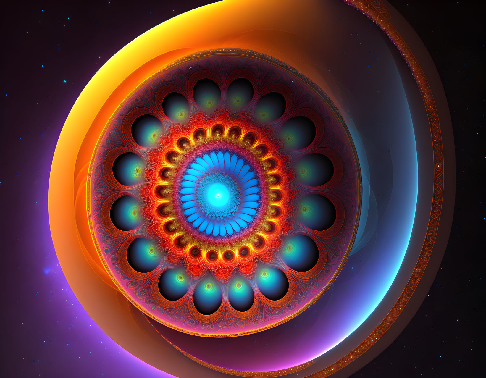 Colorful fractal image: intricate blue, orange, yellow patterns on starry space backdrop