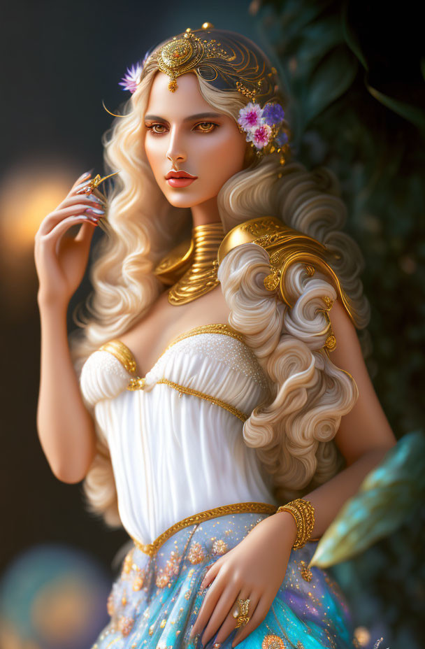 Fantasy illustration of woman with golden hair and jeweled attire