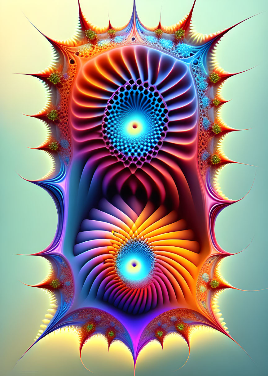 Colorful fractal art with intricate patterns and eye-like motifs