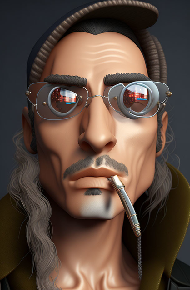 Stylized 3D illustration of man with mustache, long hair, beret, retro