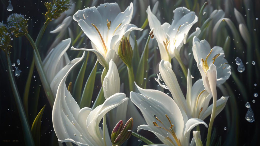 Close-up of dew-covered white lilies with yellow stamens on dark background