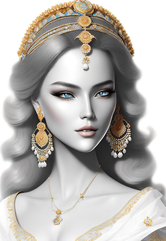 Woman with Pearl and Gold Jewelry, Tiara, Blue Eyes, Wavy Grey Hair