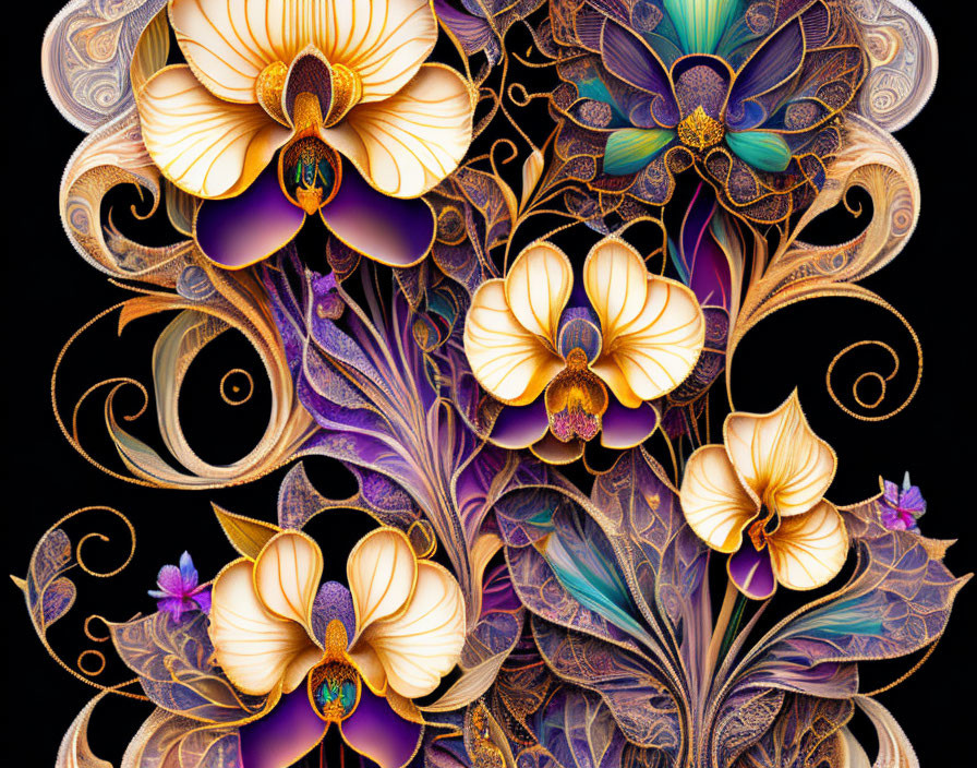 Colorful Stylized Orchids and Leaves Art on Dark Background