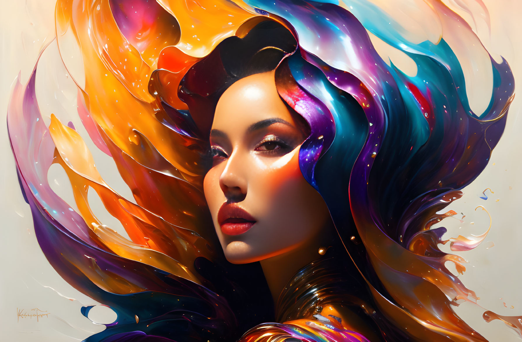 Colorful digital artwork: Woman with swirling cosmic hair in blues, purples, oranges, and