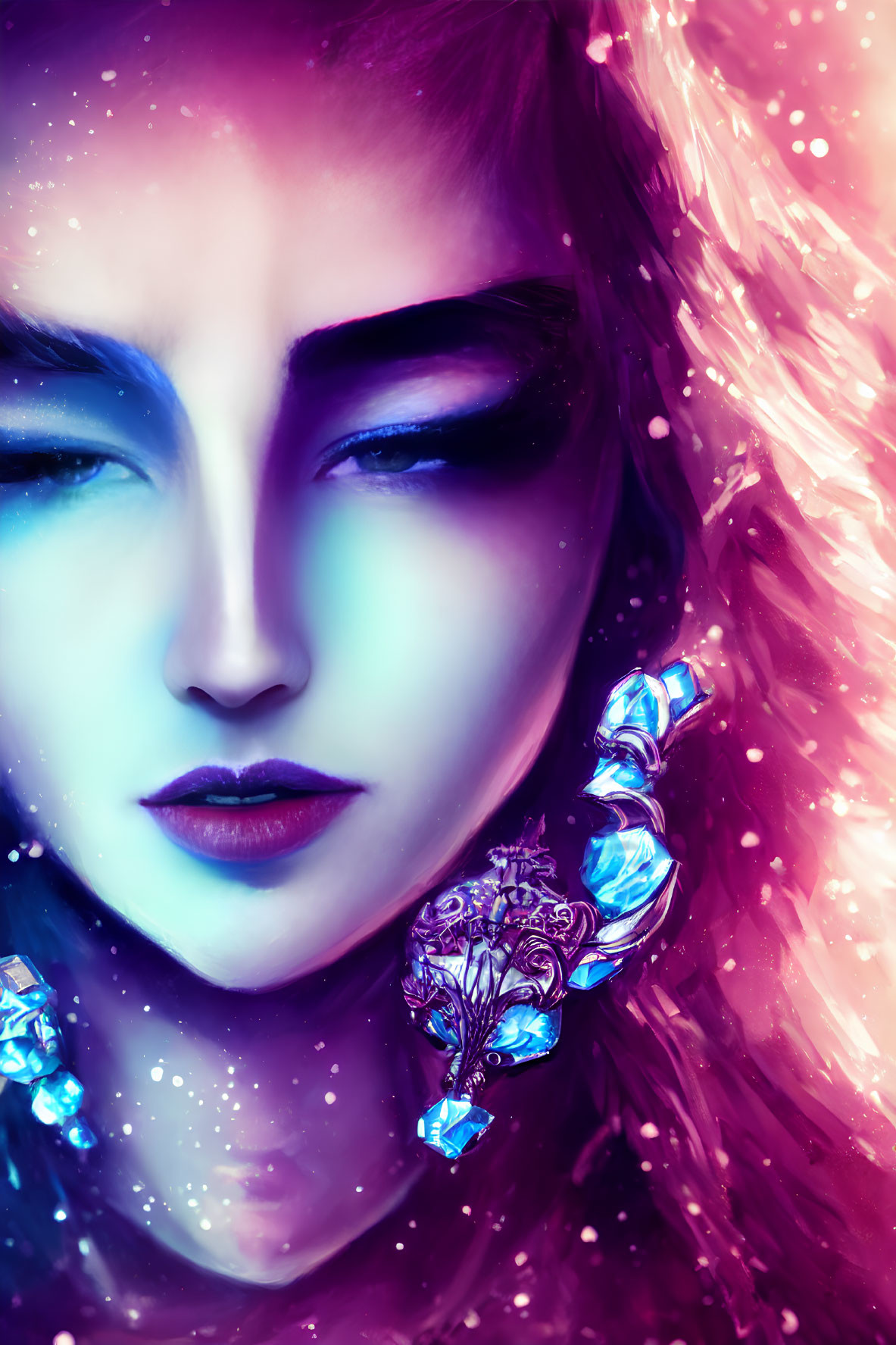 Vibrant digital art portrait of woman with blue and purple hues