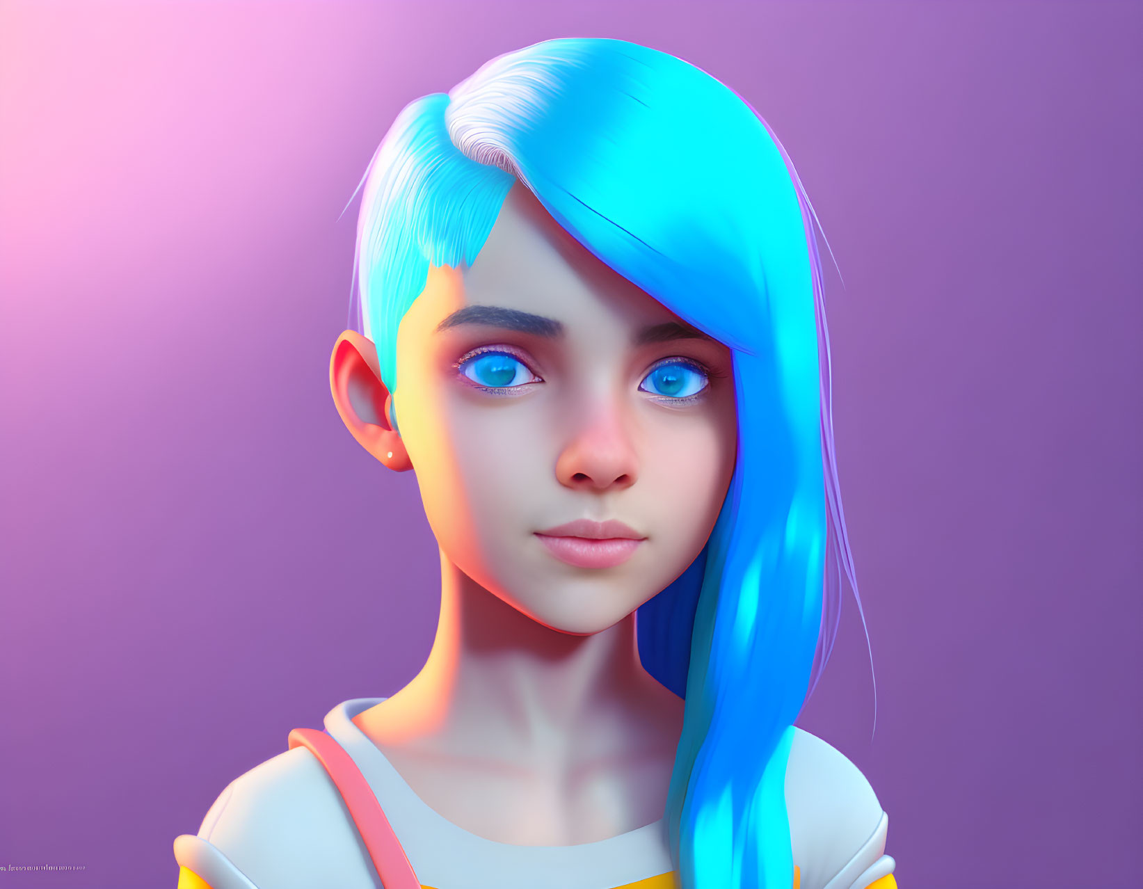 Stylized digital portrait of female with blue hair and eyes on purple background