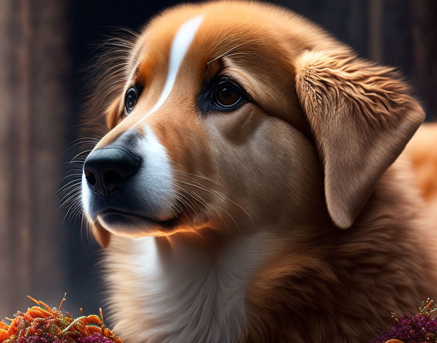 Brown and White Contemplative Dog Against Dark Background