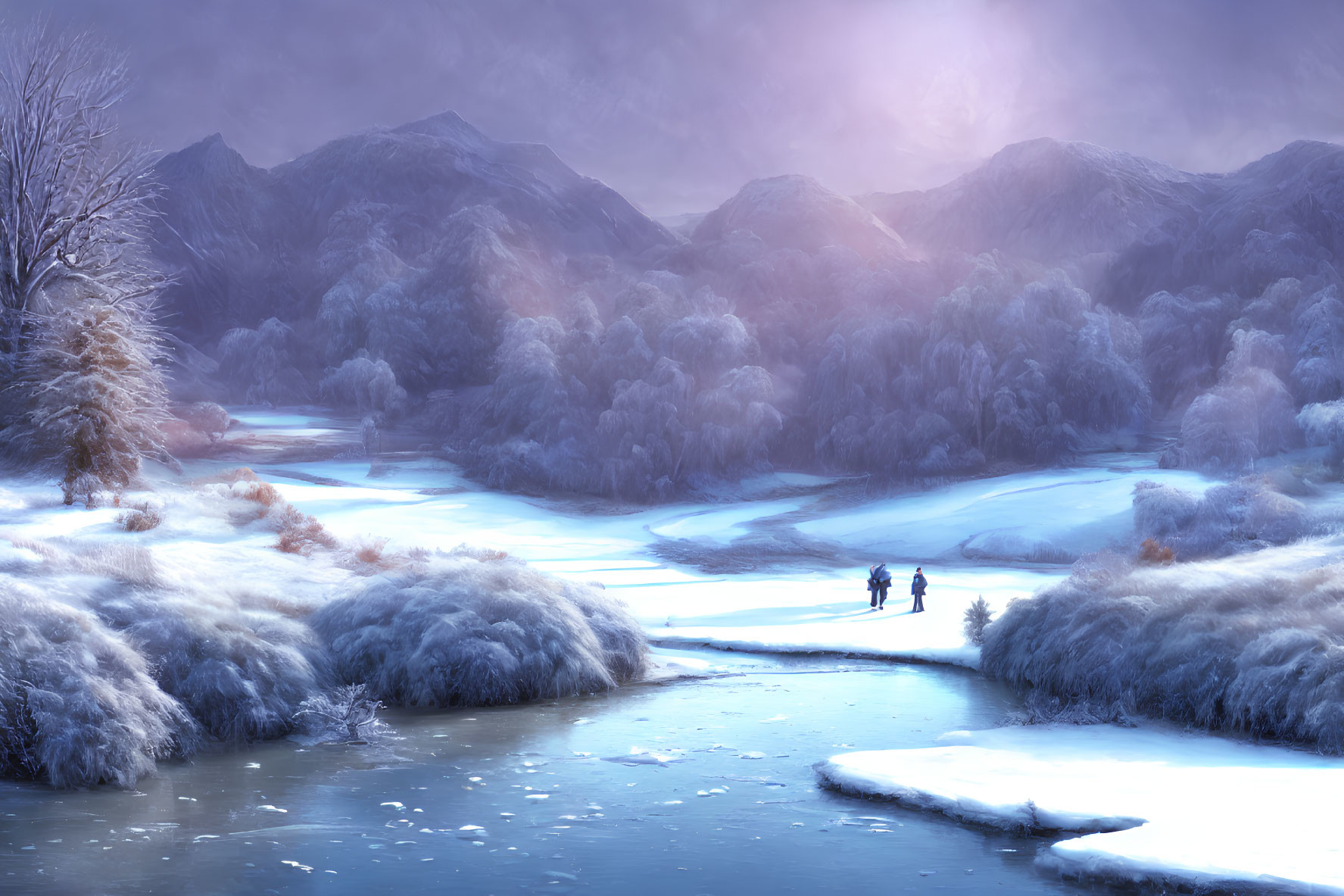 Snowy Winter Landscape: Two Figures Walking by Frozen River