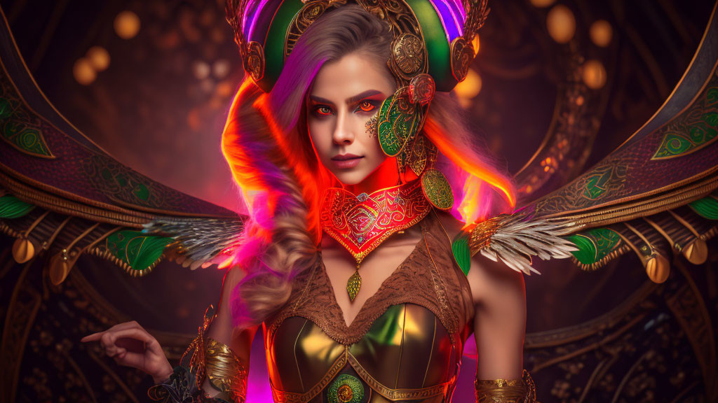 Fantasy warrior woman digital artwork with gold and green armor