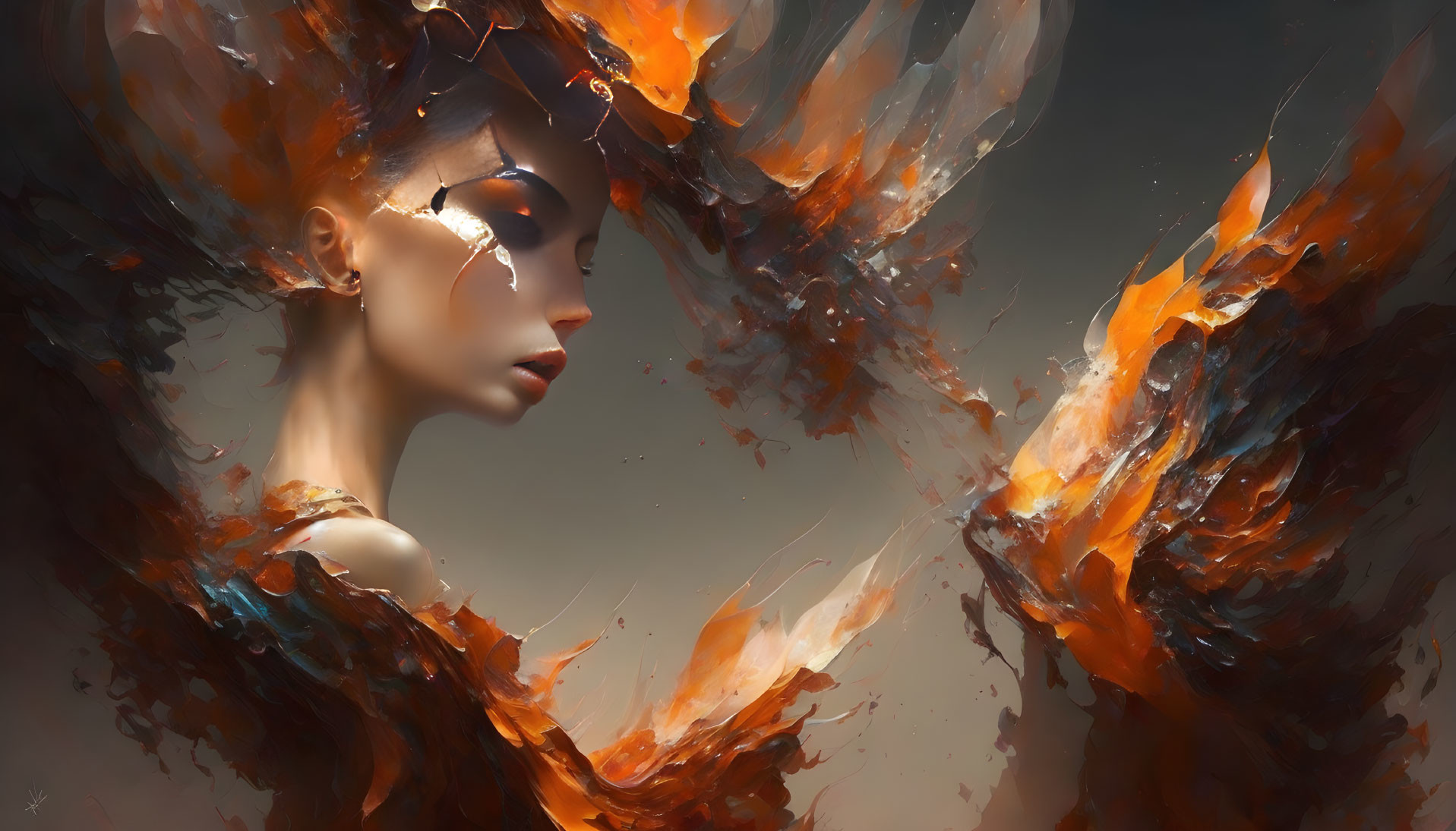 Abstract fiery design surrounds woman in digital art