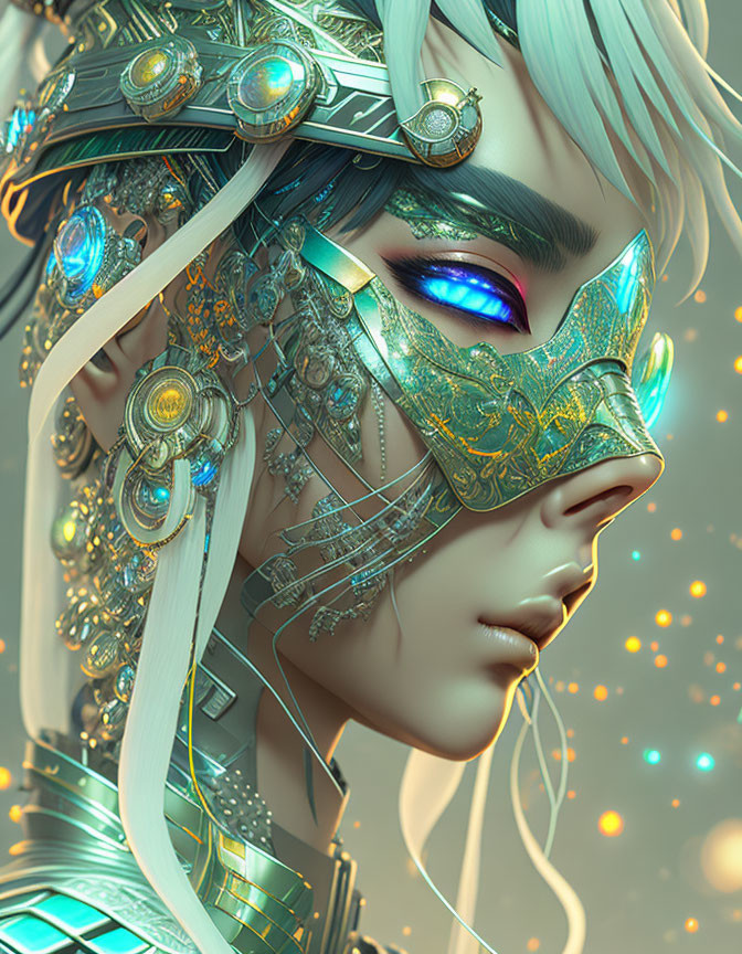 Character with Gold Mask, Mechanical Details, Blue Eyes, White Hair