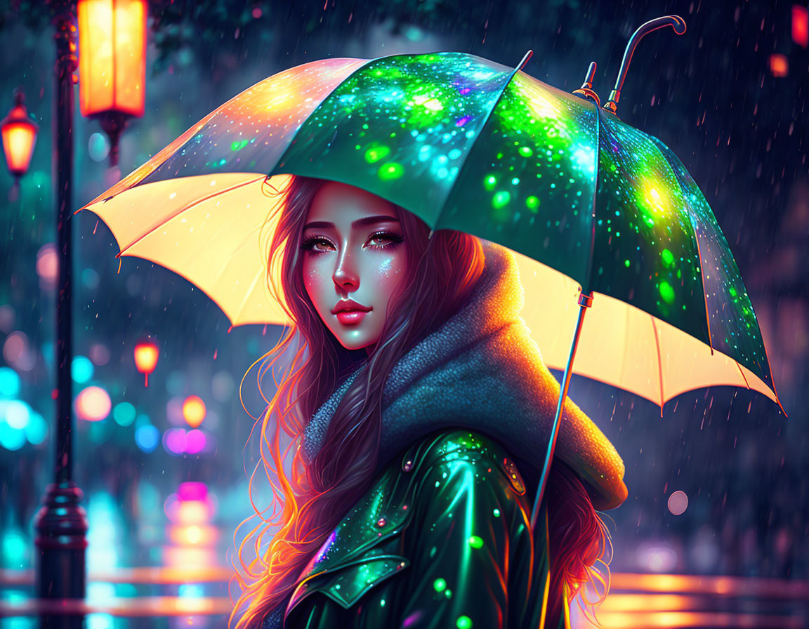 Woman with flowing hair holding colorful umbrella in vibrant city lights