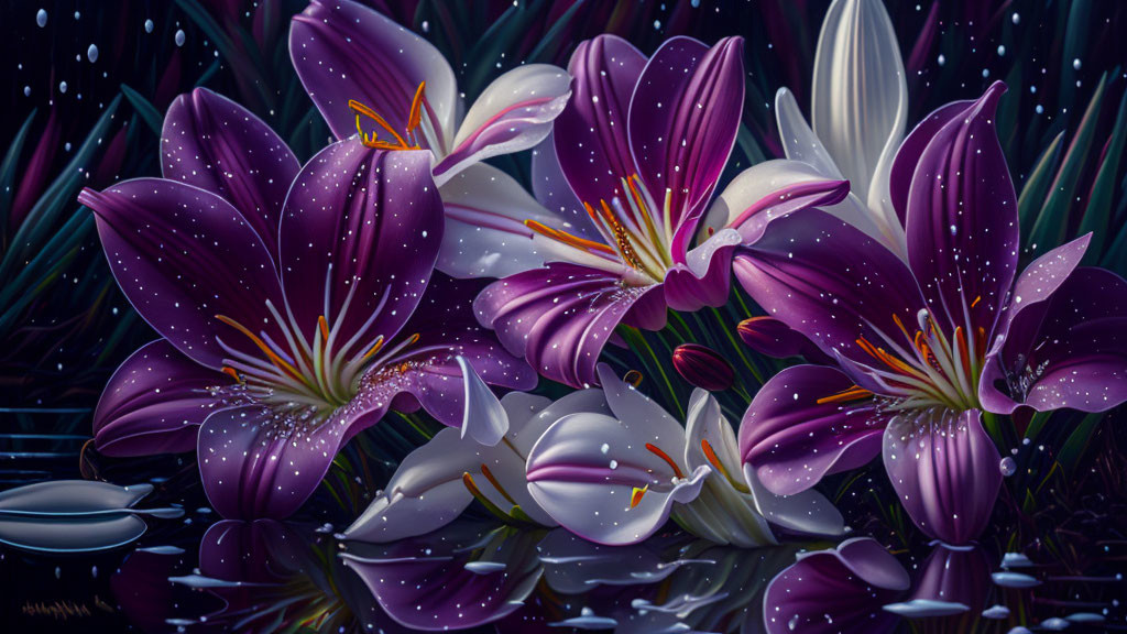 Vibrant purple and white lilies with water drops on dark leafy background