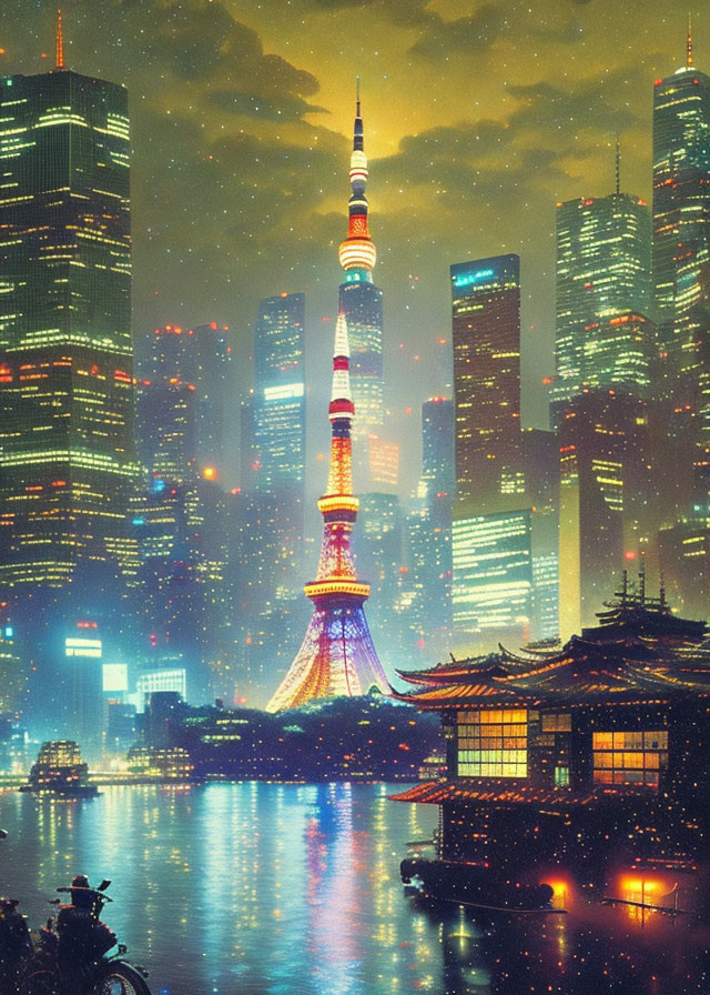 Futuristic cityscape with illuminated skyscrapers and traditional architecture