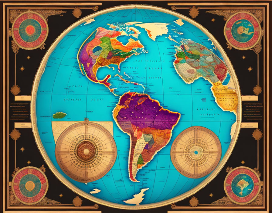 Colorful Vintage-Style World Map with Celestial Charts on Dark Background