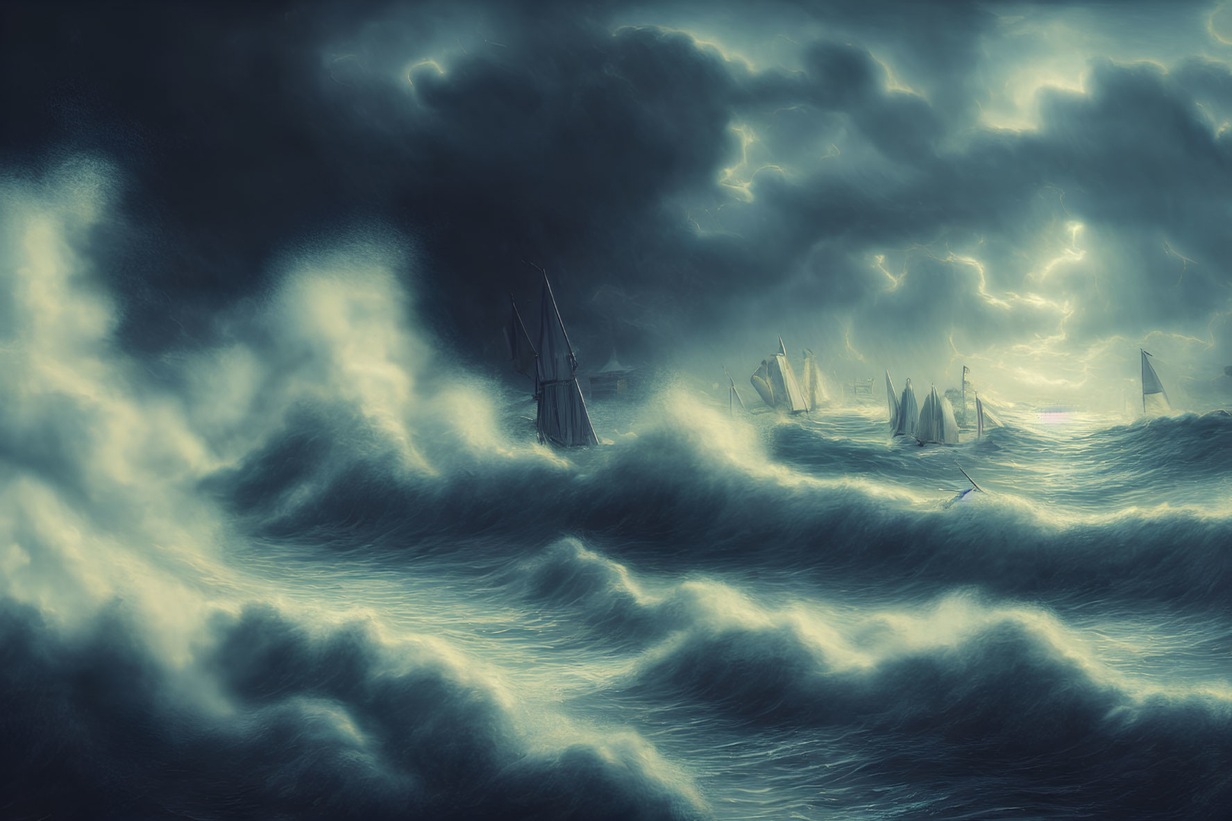 Sailing Ships in Stormy Sea with Lightning Sky