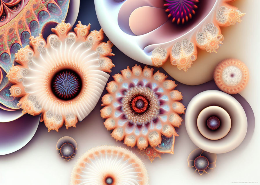 Detailed Pastel Fractal Flower Patterns in Digital Art