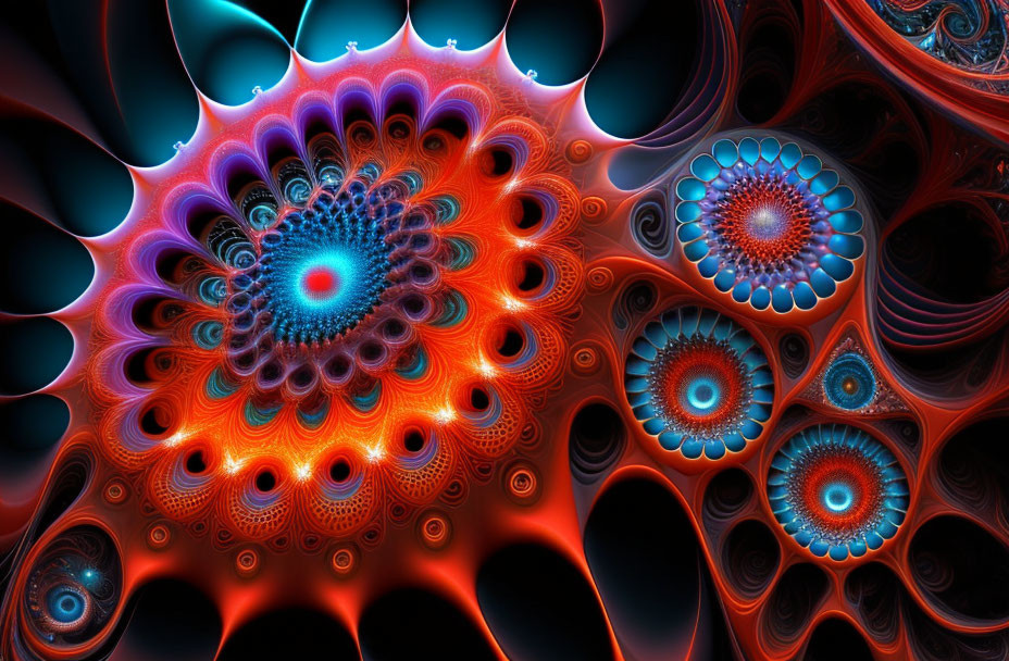 Intricate Blue and Red Fractal Patterns Resembling Abstract Sea Anemones