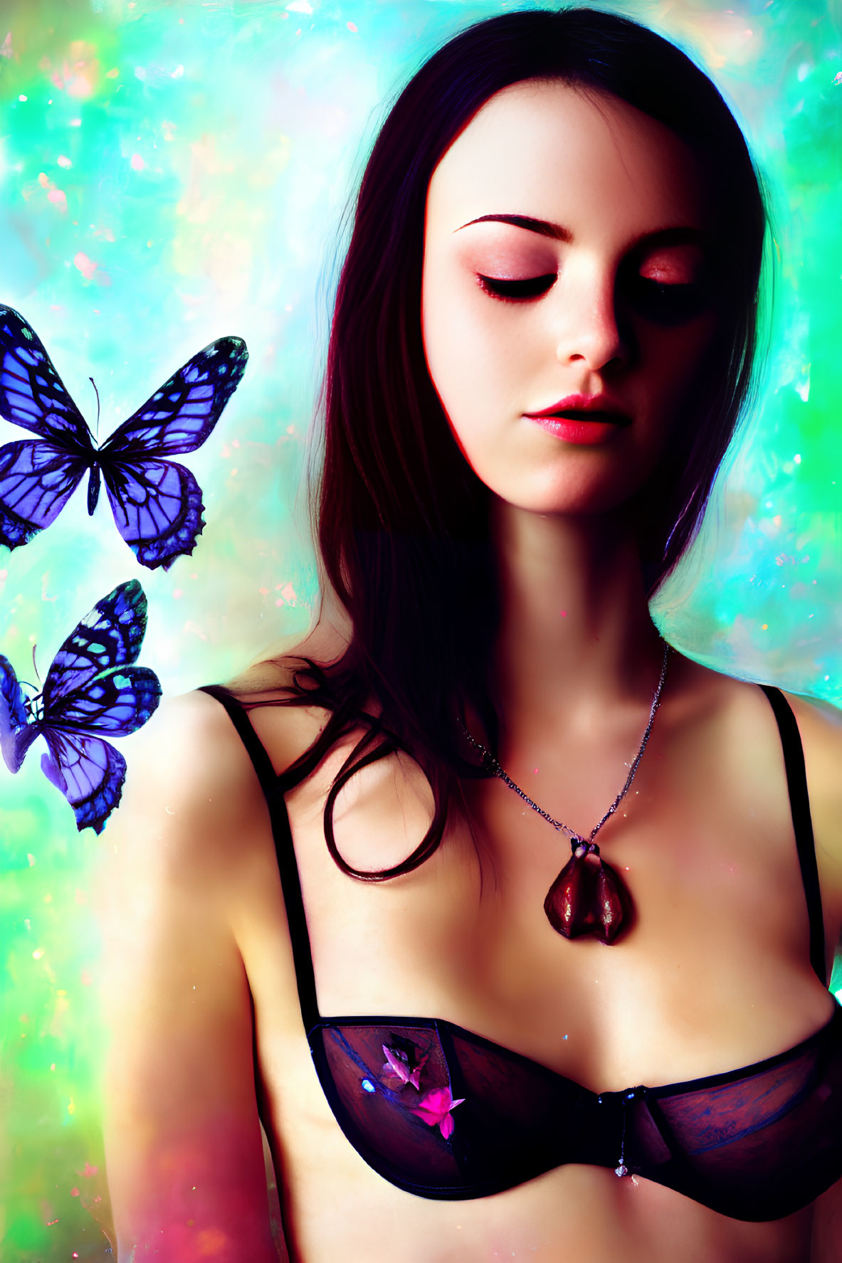 Woman with closed eyes and butterflies on vibrant background