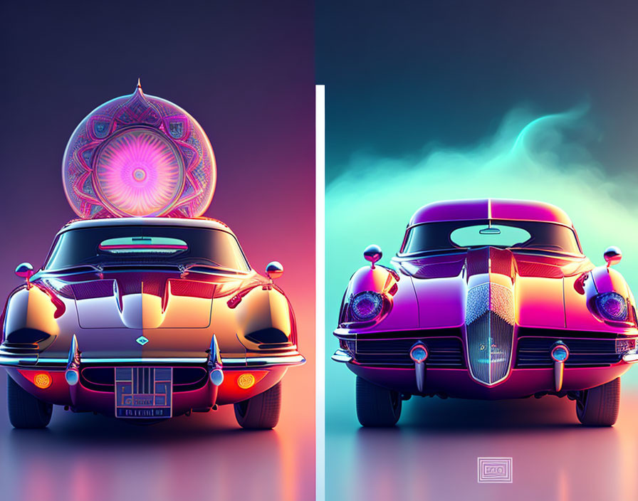 Stylized vintage cars with neon colors and mandala artwork