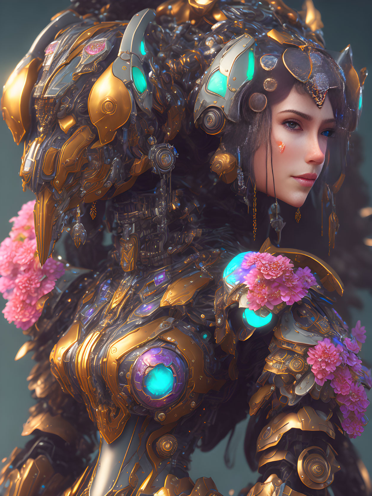 Woman in Gold and Black Armor with Blue Accents and Pink Flowers