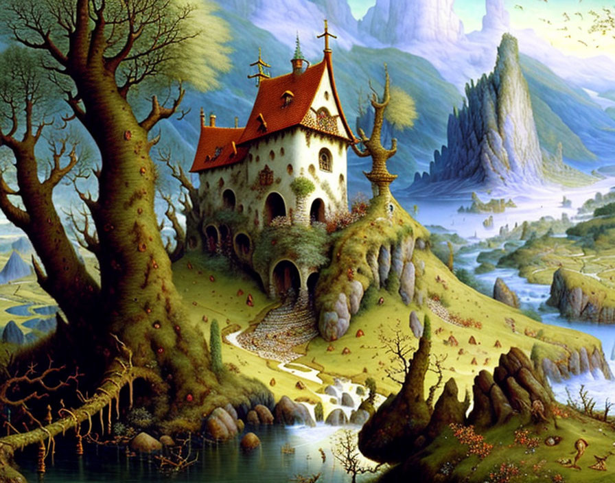 Enchanting castle illustration with lush surroundings