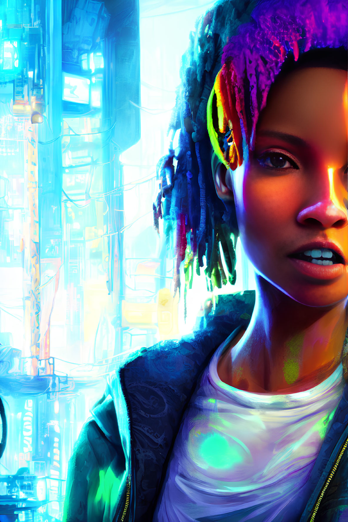 Colorful dreadlocked woman in front of neon-lit cityscape