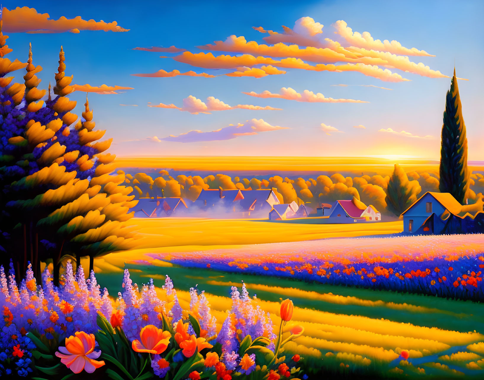 Colorful rural landscape painting at sunset with flowers, fields, farmhouses, and dramatic sky