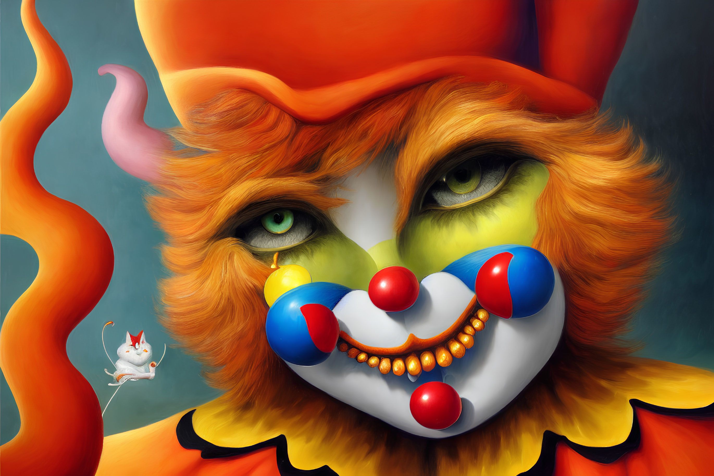 Whimsical orange and red clown with furry texture and playful mouse in dynamic fiery scene