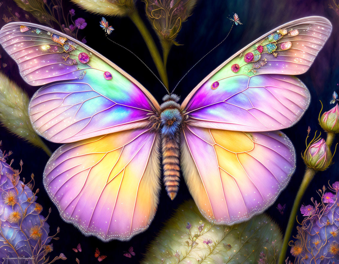 Colorful Butterfly Art with Iridescent Wings and Jewels in Mystical Setting