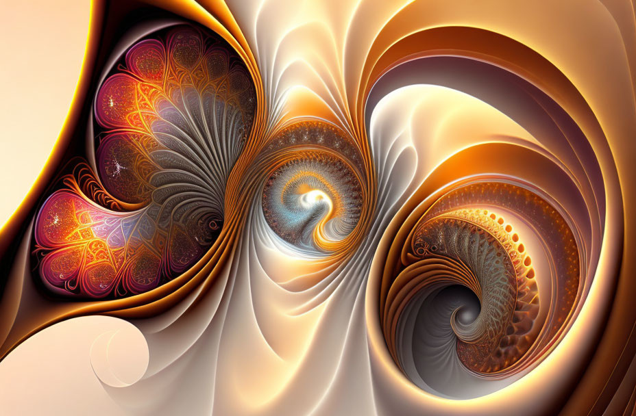 Fractal art: Swirls and heart shapes in warm red, orange, brown