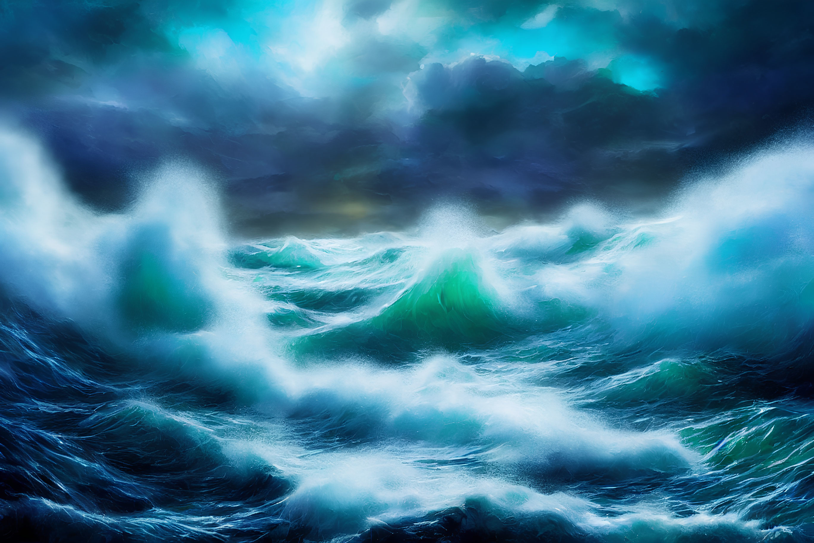 Stormy Sea with Towering Waves and Swirling Spray