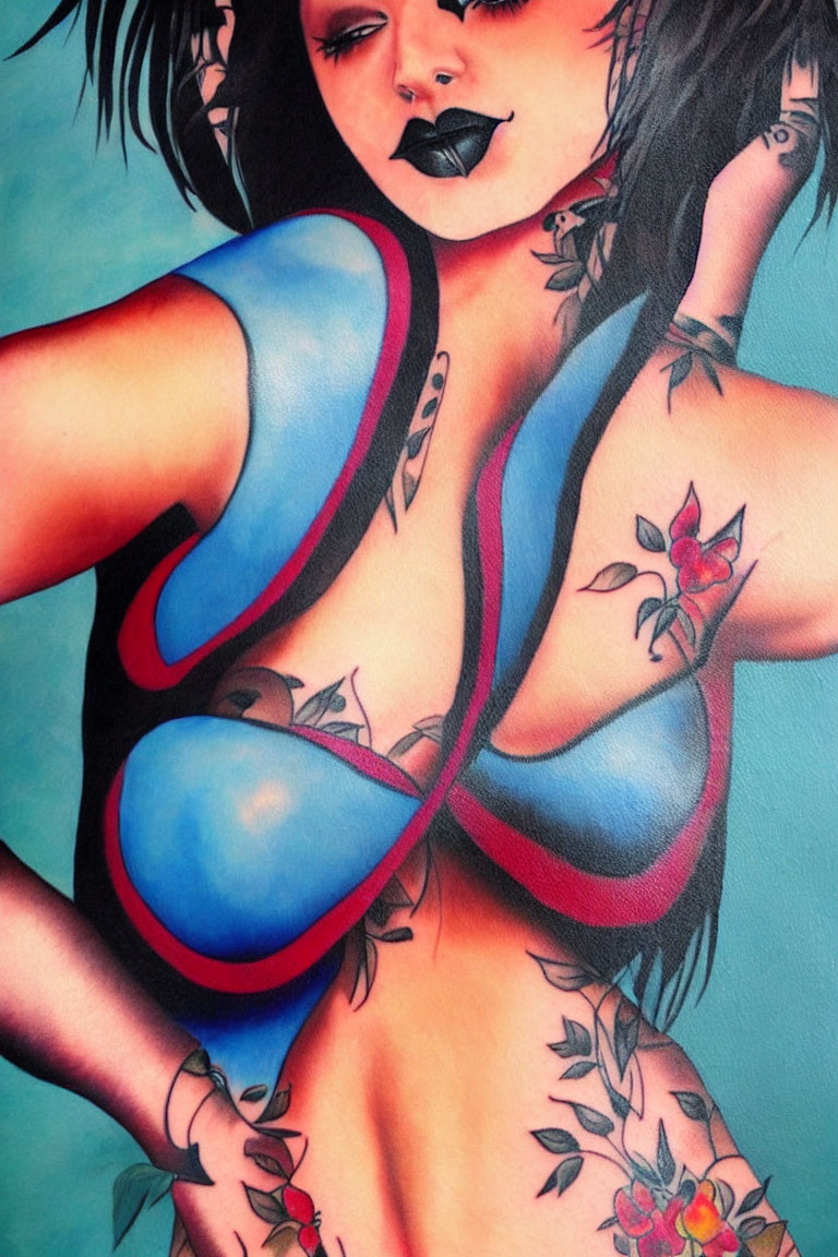 Stylized woman with blue clothing, tattoos, and black lipstick on teal background