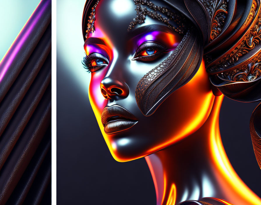 Digital Art Portrait of Woman with Metallic Skin and Elaborate Headgear on Dark Background