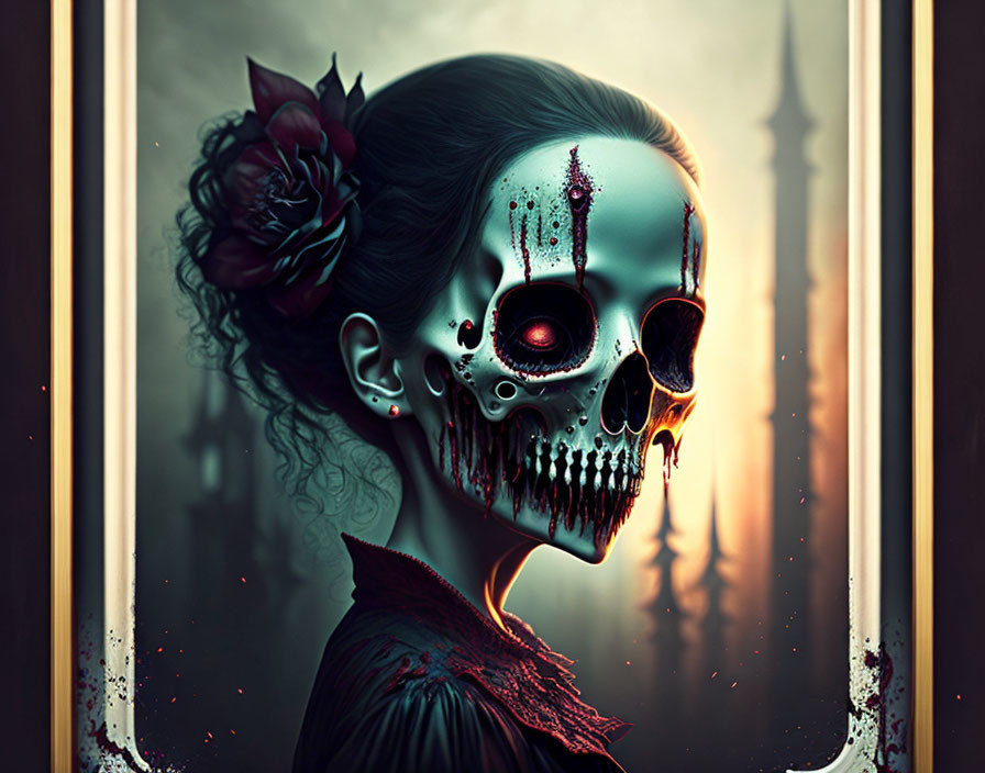 Woman with half-skull face and flower in gothic setting