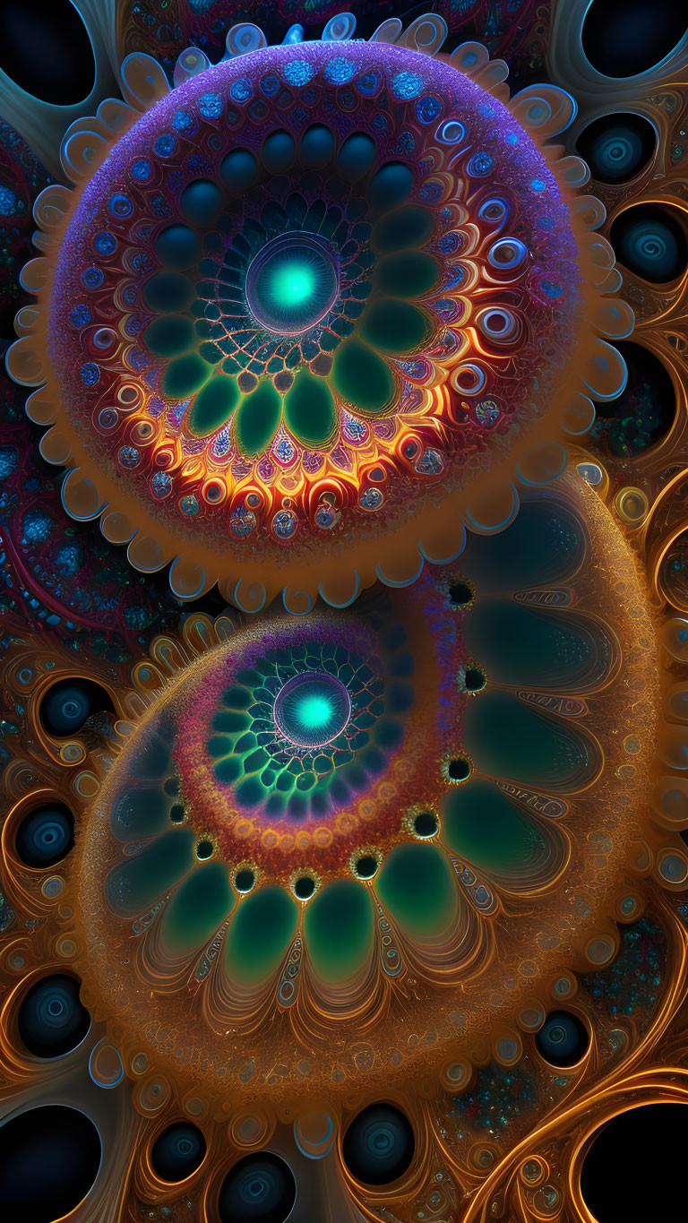 Colorful Fractal Image with Spiral Patterns in Blue, Orange, and Brown