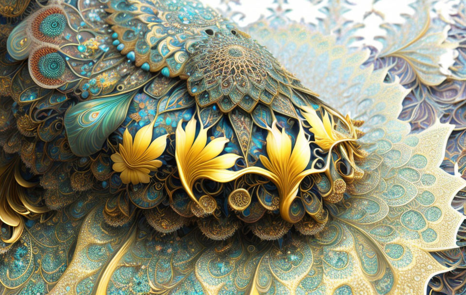 Vibrant blue, gold, and bronze fractal patterns with peacock feather motifs