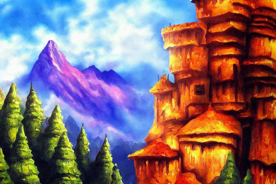 Colorful Watercolor Painting of Rustic Castle, Pine Trees, Mountains, and Sky