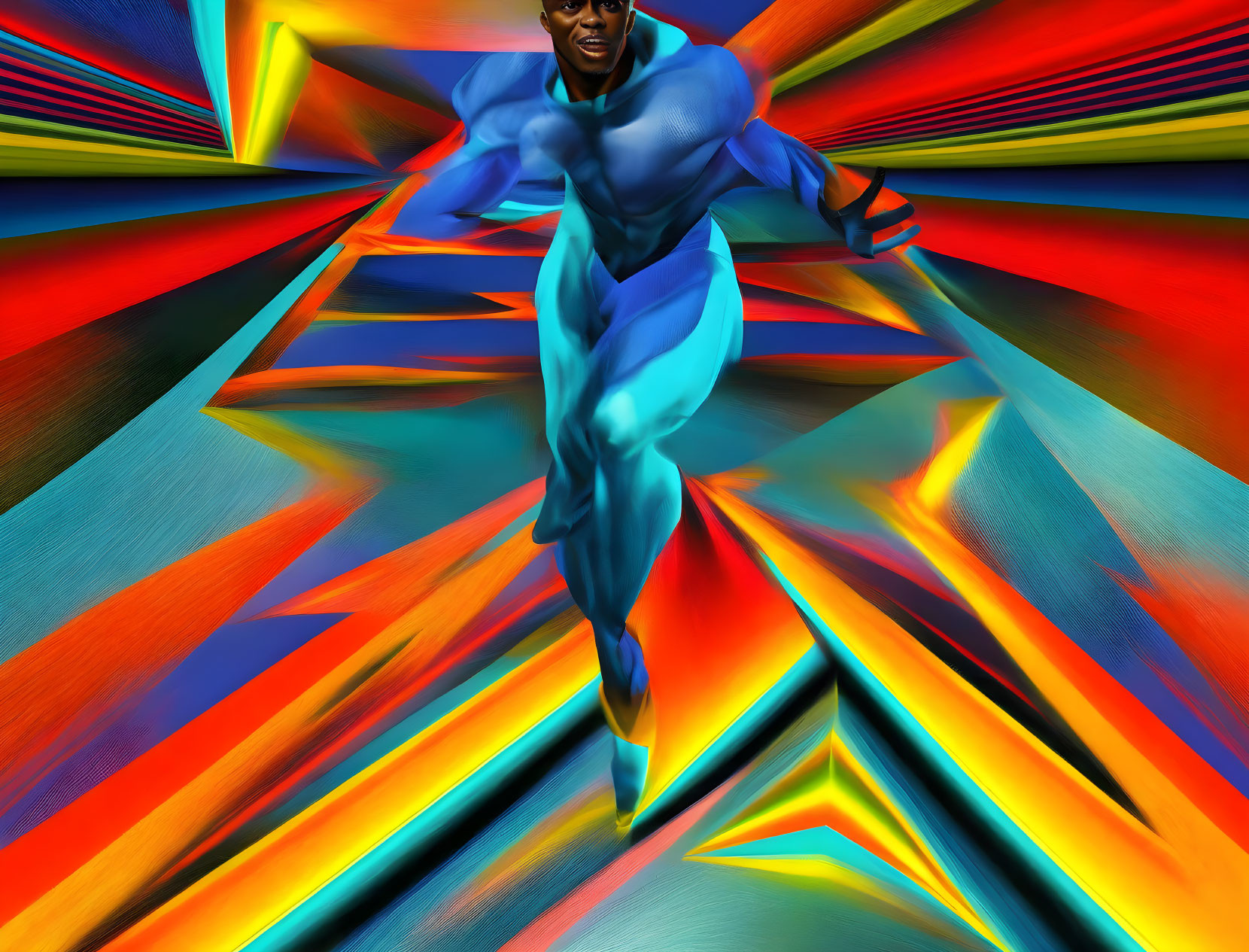 Blue-skinned superhero in high-speed flight against abstract background with geometric shapes and bursts of color.